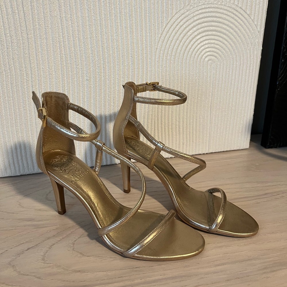 Vince Camuto Leather Gold Strap Sandal Heels